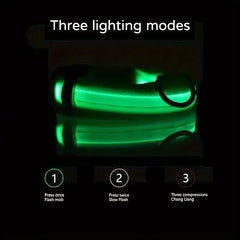 A glowing green LED nylon dog collar shown in three lighting modes against a black background.