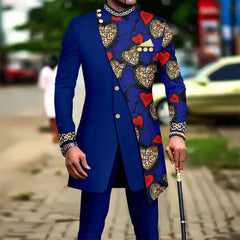 New African Suits for Men Embroidery Print Blazer and Pants Set Business Dress Suit with Kerchief Party Wedding Evening
