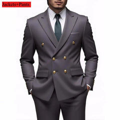 Men Double Breasted Suit Black Slim Fit High Quality Wedding Costume Party Prom Gold Button Male Suits