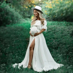 Maternity Dress Photography Studio Prop Cotton High Slit Off Shoulder Boho Beach Pregnancy Photoshoot Maxi Dress For Baby Shower