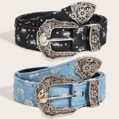 Women's Retro Casual Trend Rhinestone Buckle Belt, Street Ripped Denim Style Punk Rock Versatile Fashion Accessory,For Men Women
