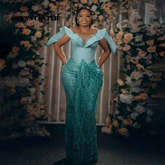 Enchanting Turquoise Beaded Aso Ebi Evening Dresses Mesh Long Sleeves African Party Dress Women Mermaid Formal Customized SHOWLU FASHION STORE