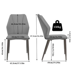 A gray upholstered PU leather dining chair shown from front and side views with dimensions.