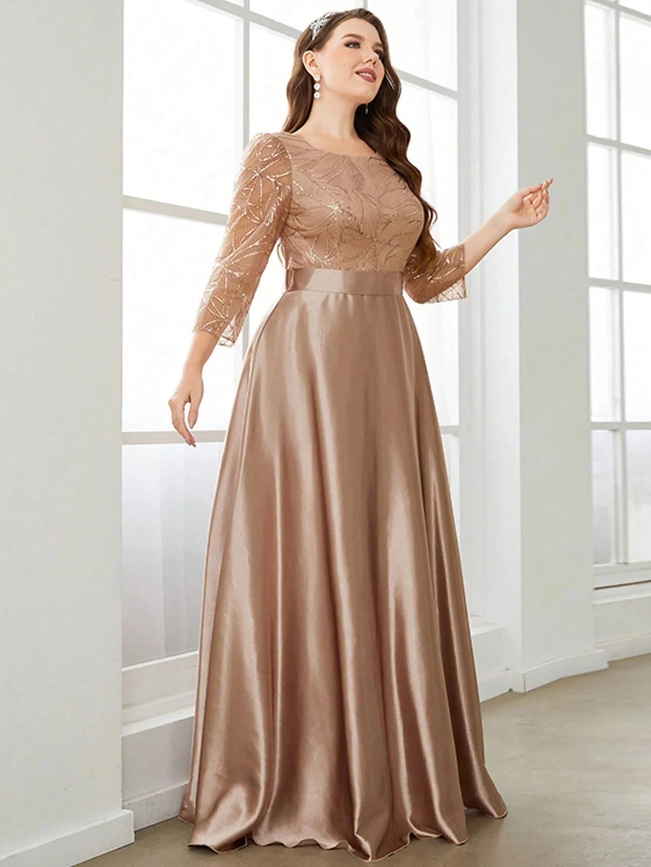 Mgiacy Crew neck long sleeve sequin patchwork satin long gown ball dress Party dress Bridesmaid dress SHOWLU FASHION STORE