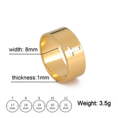 A gold-colored stainless steel ring featuring a cutout cross design with size and dimension labels.