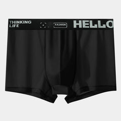 Black men's boxer briefs with a branded elastic waistband featuring the text Hello.