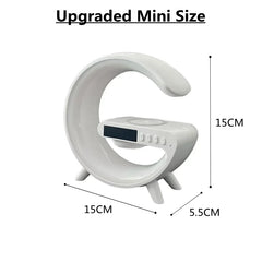 A white G-shaped wireless charging pad with a digital clock and dimensions of 15 by 15 by 5.5 cm.