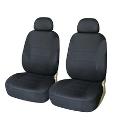 Two black polyester universal car seat covers for front seats against a white background.