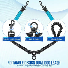 A reflective dual dog leash with a tangle-free swivel design and elastic shock-absorbing handles.