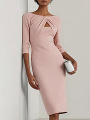 A light pink knee-length bodycon dress with three-quarter sleeves and a cutout neckline.