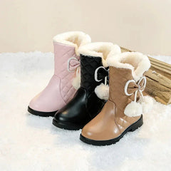Girls Warm Boots with Bow Kids Snow Boots with Fur Plush 2024 Winter New Fashion Children Princess Boots Waterproof Platform SHOWLU FASHION STORE