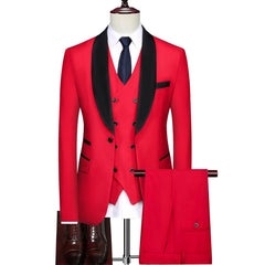 A red three-piece suit featuring a black shawl lapel jacket, vest, and matching trousers.