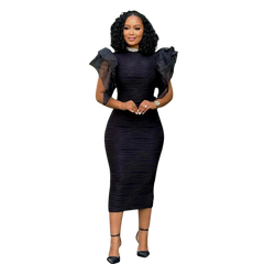 A woman wears a black midi-length bodycon dress with ruffled butterfly sleeves and a round neckline.