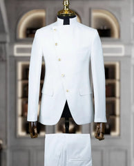 A white two-piece men's suit featuring a stand collar jacket with an asymmetrical button closure.