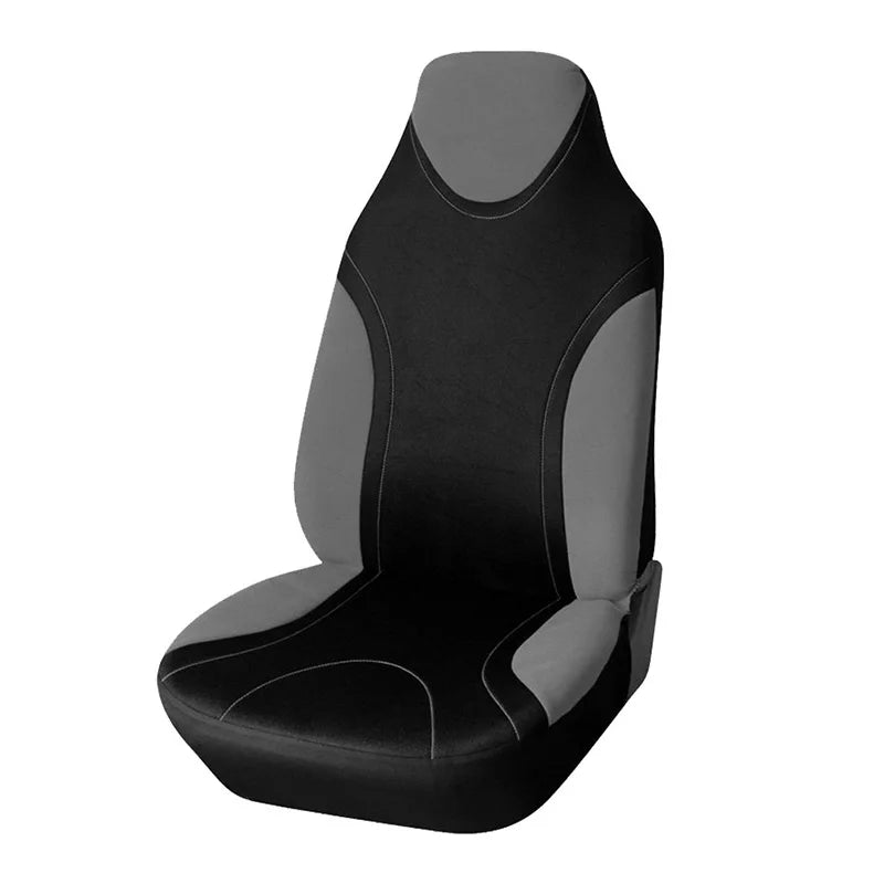 A universal car seat cover featuring a black center panel with gray side accents and headrest.