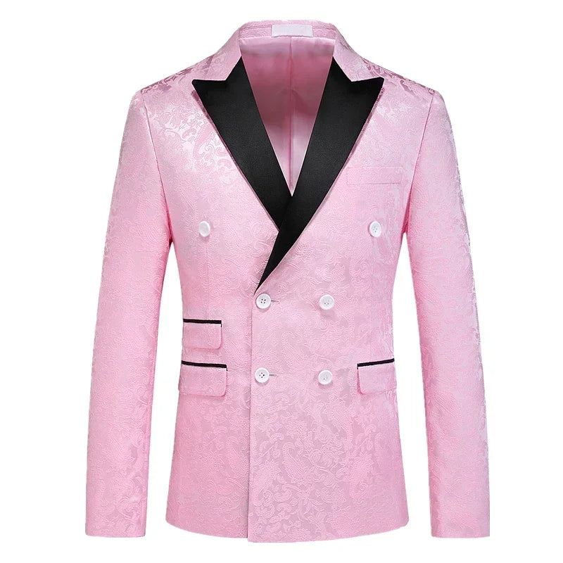A light pink double-breasted men's suit jacket with a black notched lapel and paisley pattern.