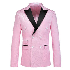 A light pink double-breasted men's suit jacket with a black notched lapel and paisley pattern.