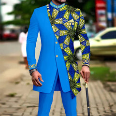 New African Suits for Men Embroidery Print Blazer and Pants Set Business Dress Suit with Kerchief Party Wedding Evening