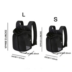 Two sizes of a black breathable mesh pet backpack are shown with their dimensions labeled.