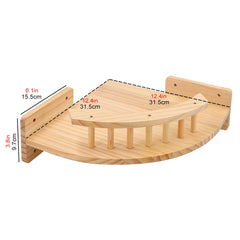 A wall-mounted wooden cat shelf with a curved railing and labeled dimensions.