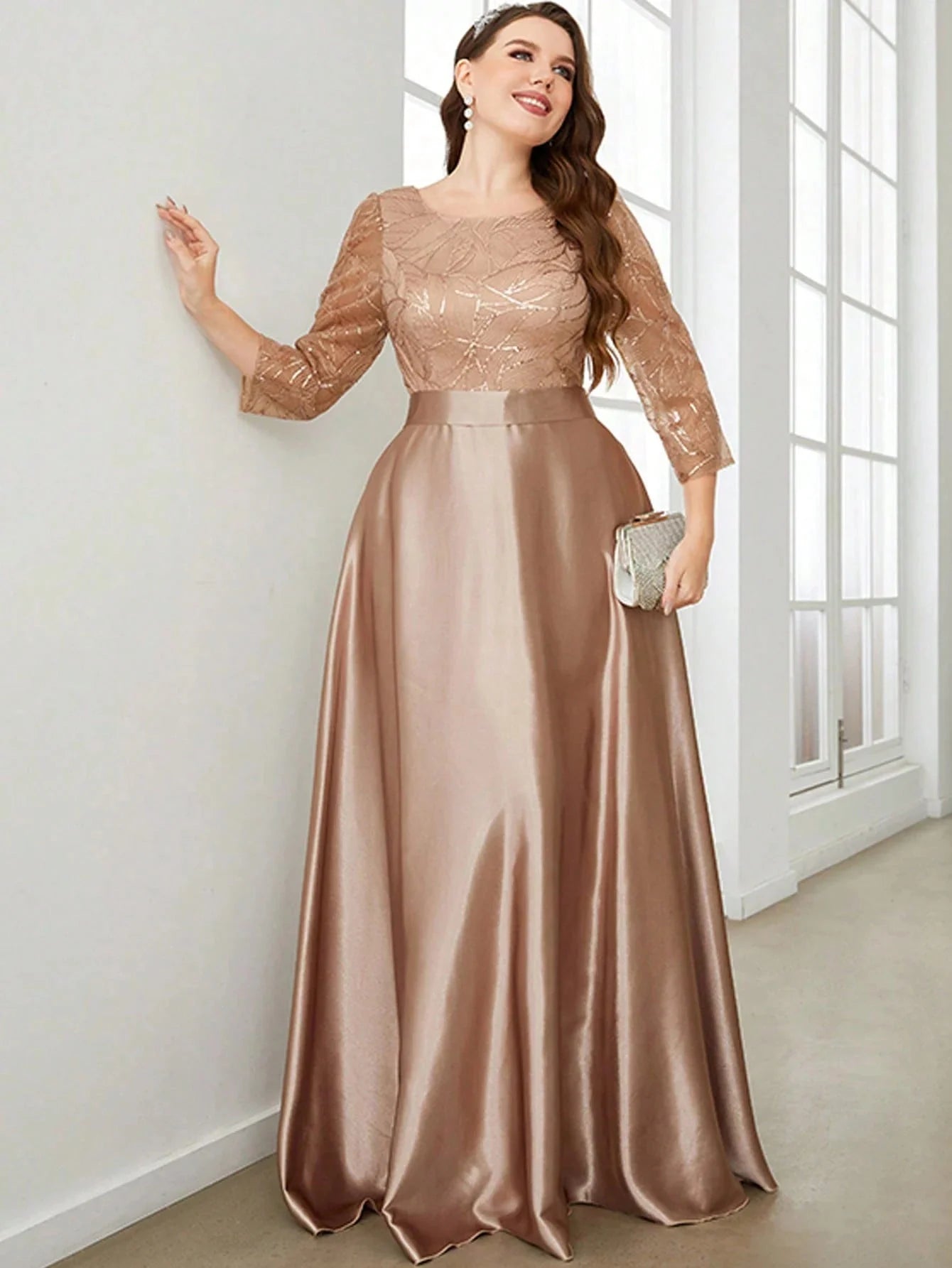 Mgiacy Crew neck long sleeve sequin patchwork satin long gown ball dress Party dress Bridesmaid dress SHOWLU FASHION STORE