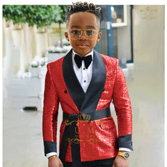 Boys' shiny suit 2-piece set (jacket+pants) gold sequin shawl lapel waistband custom children tuxedo for wedding banquet party