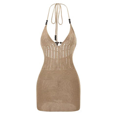 hirigin Women Backless Halter Mini Dress Casual Summer Knit Crochet Cutout Bodycon Party Dress for Beach Club Streetwear