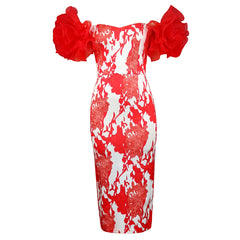 Tulle Flower Dresses Women Party Evening Ruffles Short Sleeve Retro Vintage Midi Event African Gowns Printed Outfits 2024