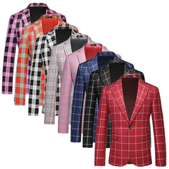 A collection of single-breasted men's blazers in various plaid patterns and colors.