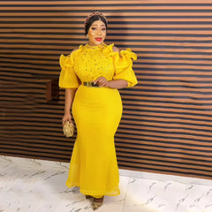 African American evening dress gauze off-the-shoulder belt diamond African mom dress