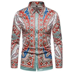 A men's long-sleeved button-down shirt featuring a vibrant, retro-inspired paisley print.