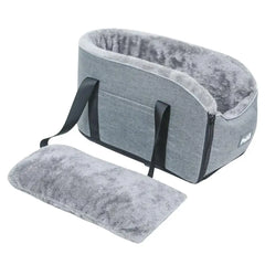 A grey portable pet car seat with a removable plush cushion and black carrying straps.