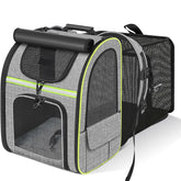 A grey expandable pet carrier backpack with breathable mesh panels and a roll-up shade cover.
