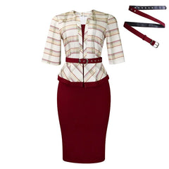 A slim-fit midi dress featuring a plaid V-neck bodice, a solid burgundy skirt, and a matching belt.