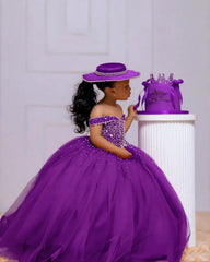 Orange Tulle Girls Birthday Party Dresses Customized Ball Gown Crystal Flower Girl Dresses for Wedding Baby Girls Pageant Dress