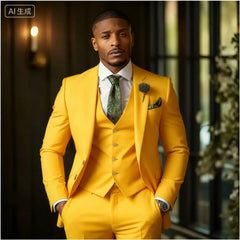 Green Emerald 3-Piece Men's Formal Tuxedo Elegant Jacket with Notched Lapel + Vest + Pants Wedding Groomsmen Smoking Suit