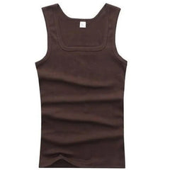 A solid brown men's sleeveless cotton tank top with a square neckline.