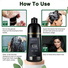 A bottle of Nova black hair dye shampoo with a four-step instructional guide.