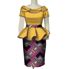 A yellow off-shoulder peplum top paired with a geometric print pencil skirt.