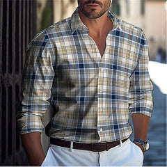 Hawaiian Men's Shirts Blue Plaid Color Block Button Up Shirts Casual Summer Beach Shirts Long Sleeve Lapel Comfortable Clothing