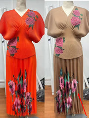 EGRM V-neck Short Sleeves Pleated 2 Pieces Set Women's Printed High Waist Slim Elegant Evening Dresses Sets 2025 New Folds Skirt