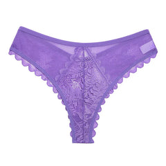 A purple low-waist thong featuring sheer mesh sides and a floral lace center panel.