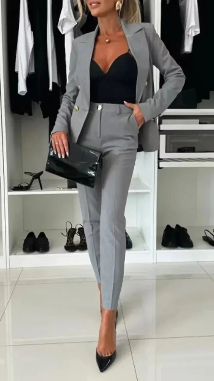 Women Office Smart Clothes Set 2pcs Blazer Double Breasted Button Solid Color Jacket & High Waist Slim Pencil Pants SHOWLU FASHION STORE