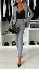 Women Office Smart Clothes Set 2pcs Blazer Double Breasted Button Solid Color Jacket & High Waist Slim Pencil Pants SHOWLU FASHION STORE