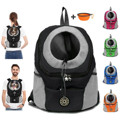 A breathable mesh pet carrier backpack for small dogs and cats, shown in multiple colors.