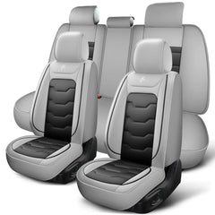 A set of grey and black artificial leather car seat covers for a five-seater vehicle.