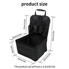 A black quilted car pet seat with storage pockets and labeled dimensions in centimeters and inches.