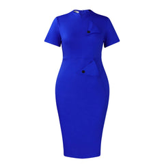 A royal blue short-sleeve bodycon midi dress with a high collar and decorative button accents.