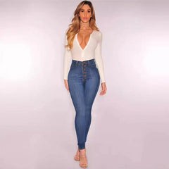 Women High Waist Elastic Slim Fit Skinny Jeans Lady Vintage Button Pencil Long Pants Narrow Straight Wrap Hips Casual Trousers SHOWLU FASHION STORE