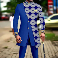 New African Suits for Men Embroidery Print Blazer and Pants Set Business Dress Suit with Kerchief Party Wedding Evening